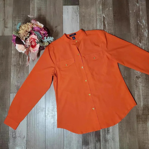 Chaps Orange 2 Pocket Buttondown Women's Blouse Size Medium NWOT - Picture 3 of 15